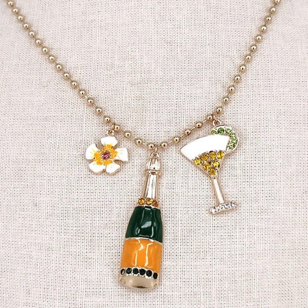 NEW Champagne Party Gold Champs Charm Pendant Necklace
